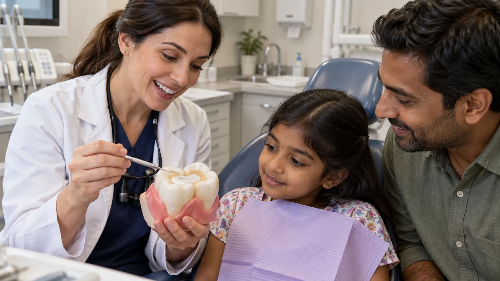 Dentist explains a baby tooth filling and cavity treatment to a child and parent.
