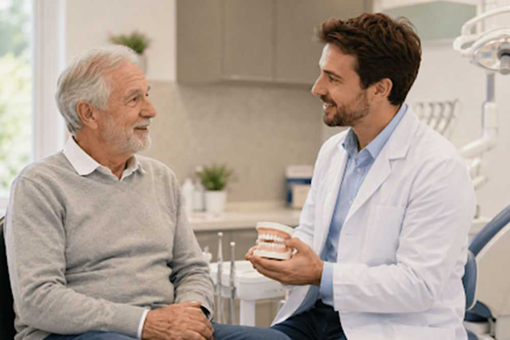 Older adult discussing senior dental care and recommended dental checkup frequency with a dentist in Whitby.