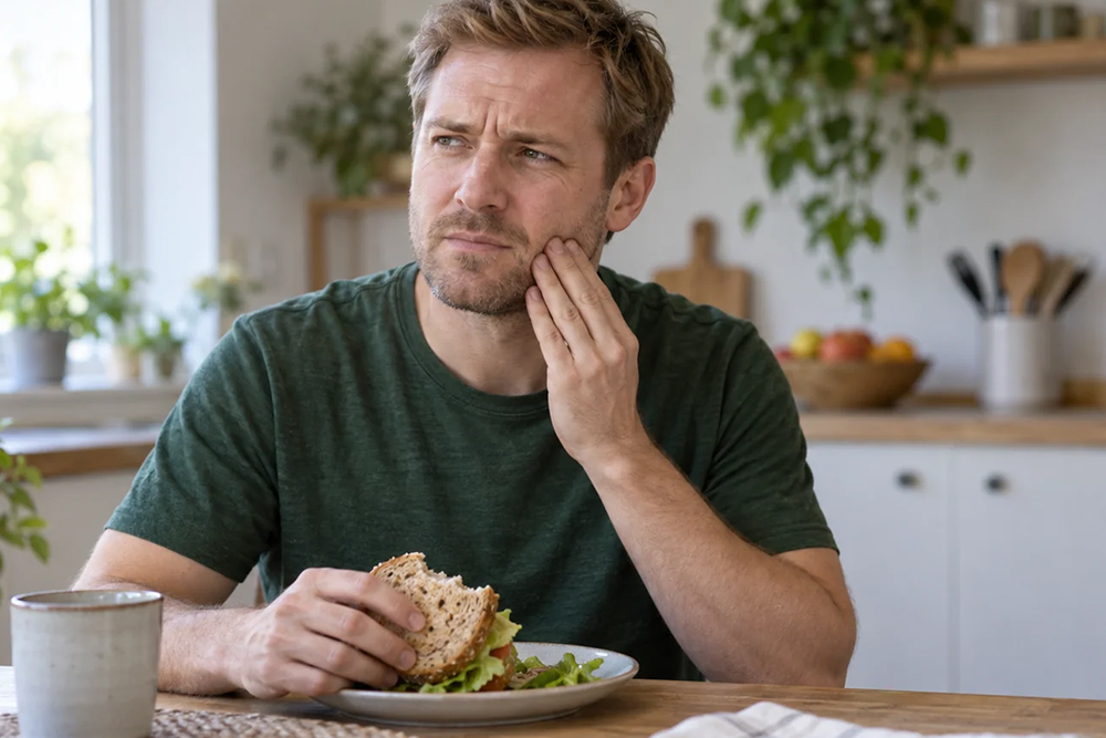 Man holds a partially eaten sandwich and touches his cheek with a concerned expression.